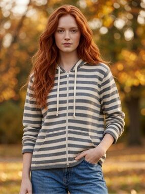 Gray and white striped Olympic cotton hooded sweater